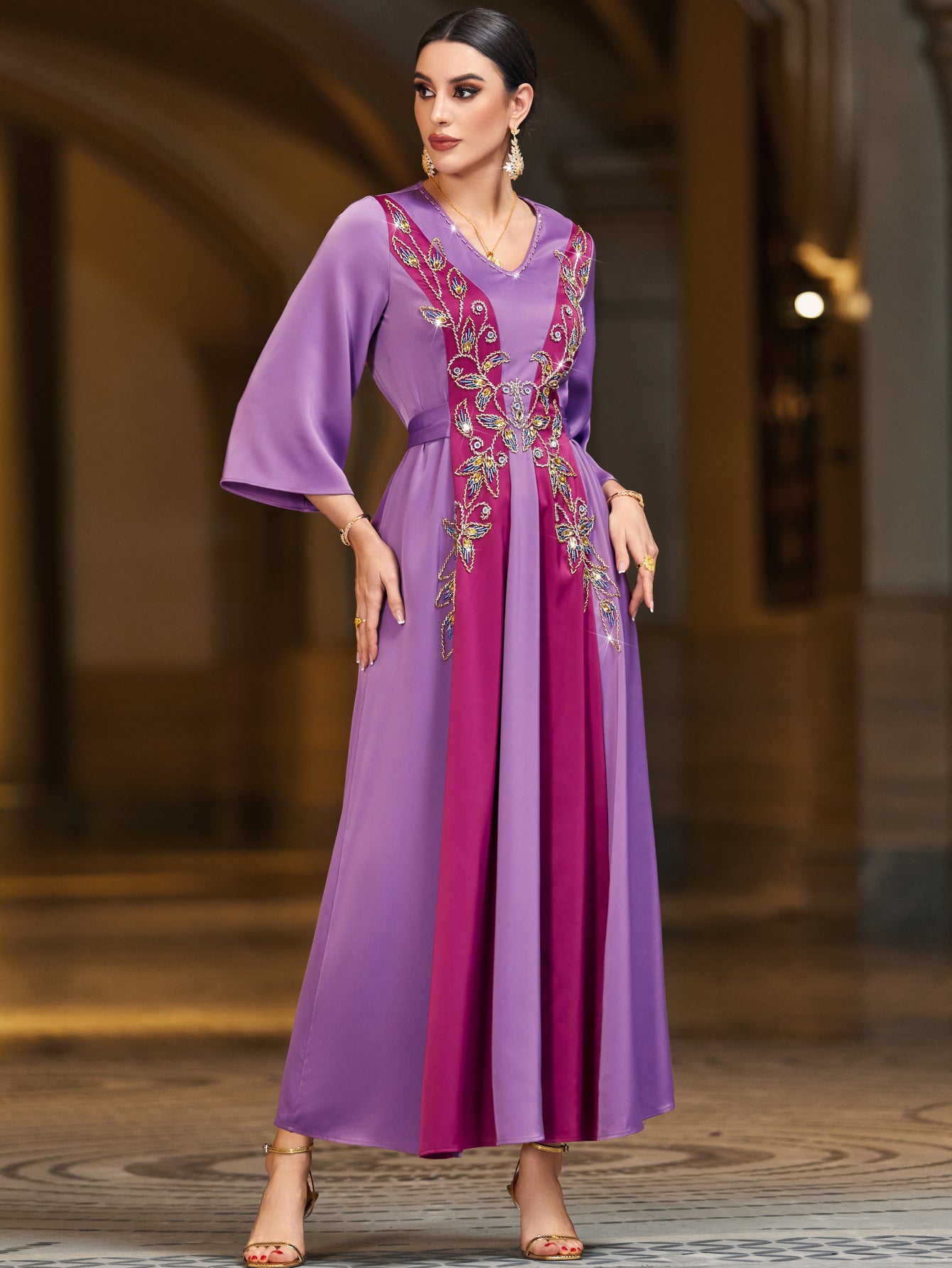 4060 Middle Eastern Style Purple Pink Contrast Embroidered Sequin 3/4 Sleeves Maxi Dress - Elegant Floral Decorated Long Gown