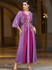 4060 Middle Eastern Style Purple Pink Contrast Embroidered Sequin 3/4 Sleeves Maxi Dress - Elegant Floral Decorated Long Gown