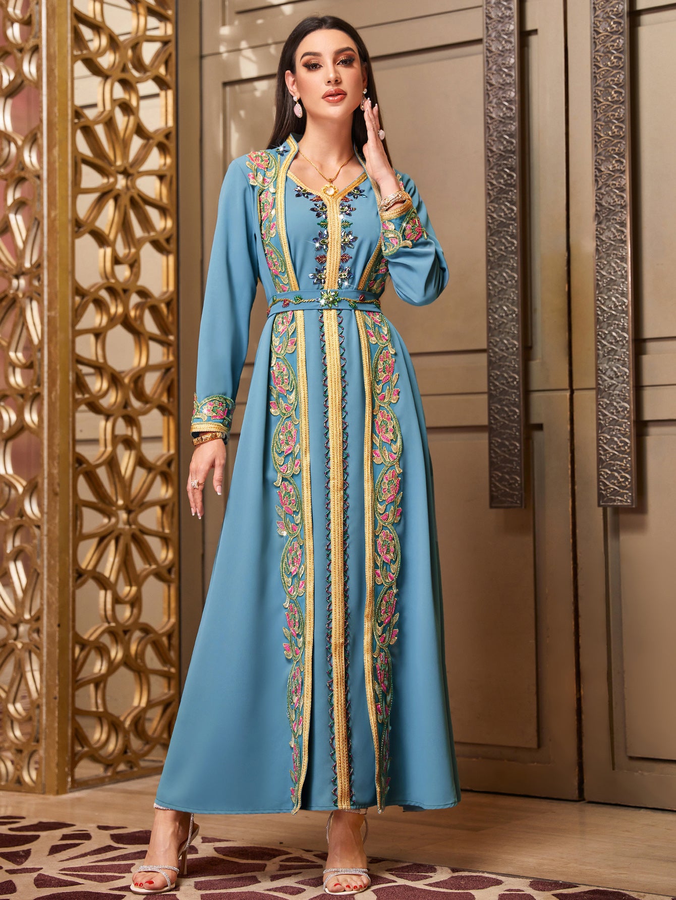 4007 Middle Eastern Style Embroidered Floral Blue Maxi Dress - Elegant Gold-Trimmed Long Sleeve Gown