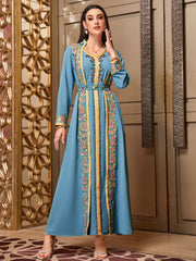 4007 Middle Eastern Style Embroidered Floral Blue Maxi Dress - Elegant Gold-Trimmed Long Sleeve Gown