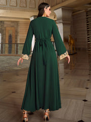 4081 Middle Eastern Style Dark Green Gold Embroidered Long Sleeve Belted Maxi Dress - Elegant Ornate Gown