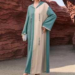 4012 Middle Eastern Style Color-Block Hooded Maxi Dress - Turquoise Beige Embellished Long Gown