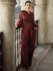 2-Piece set BA5085 reddish-brown embossed satin set cross-lace elegant atmosphere 2-piece set