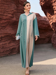 4012 Middle Eastern Style Color-Block Hooded Maxi Dress - Turquoise Beige Embellished Long Gown