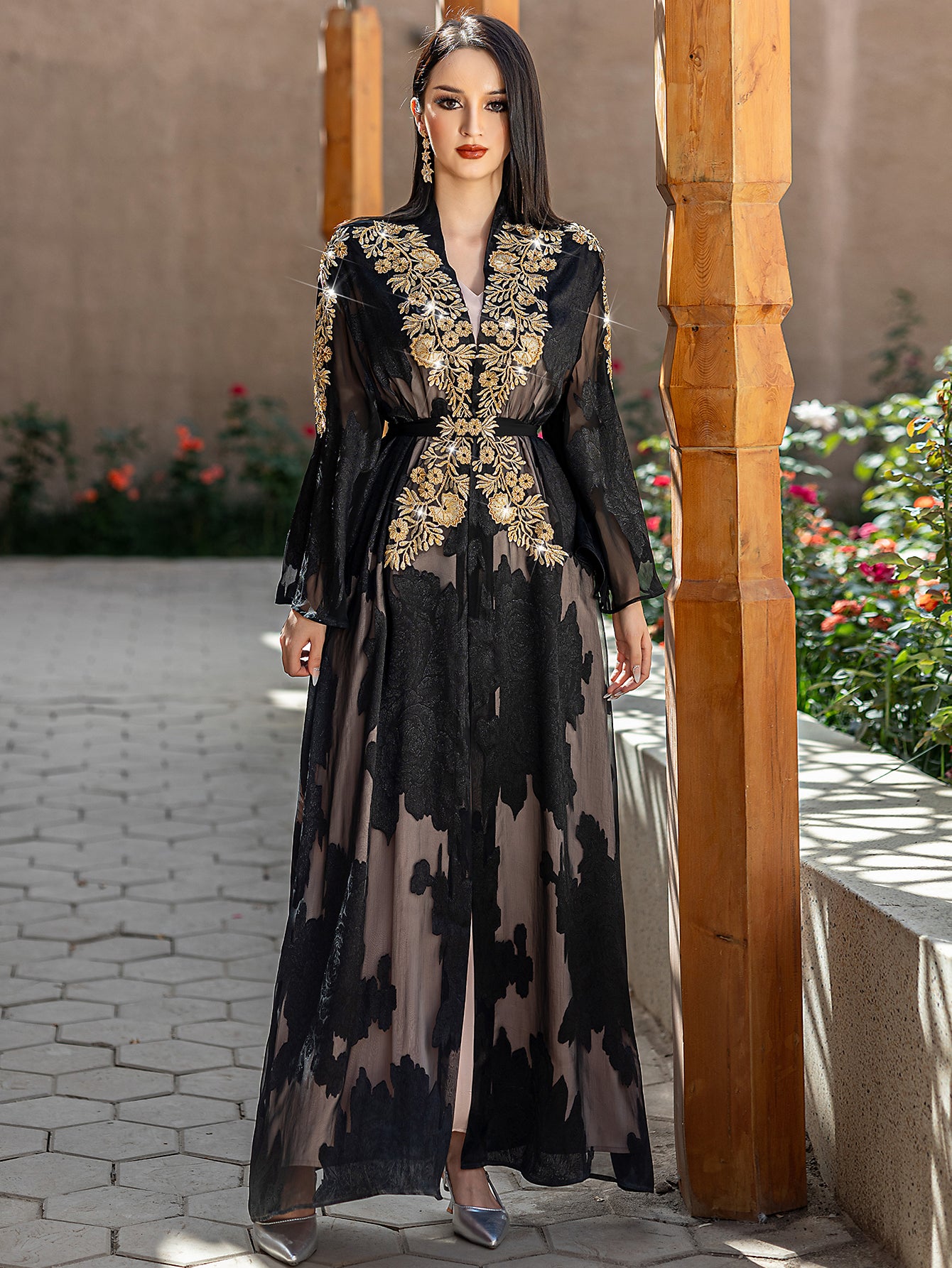 5228Arabic Two-Piece Abaya Dress | Black Sheer Embroidered Gown with Layered Silhouette