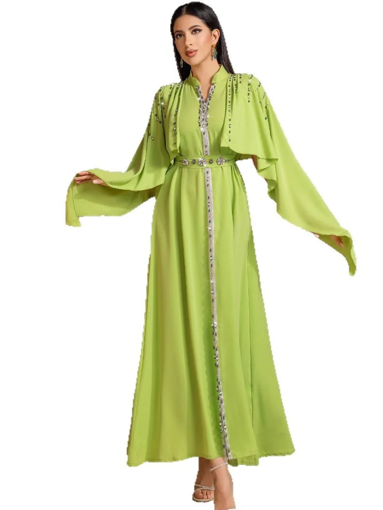 BA3080 fruit green semi-turtleneck shawl dress hand-sewn diamond middle east spot women's clothing