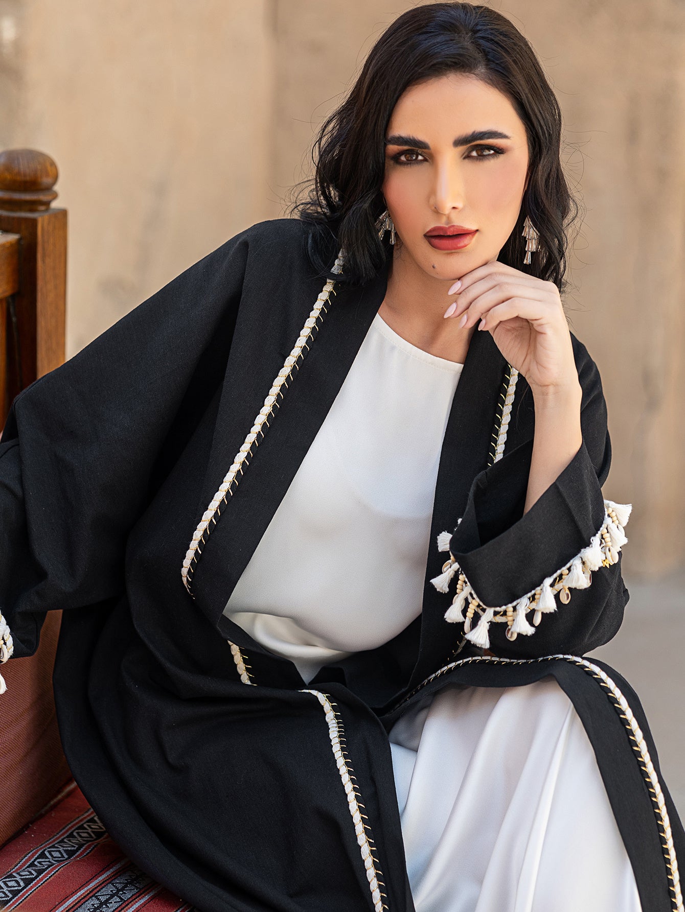 5062 Ya black Ramadan loose robe beaded with tassels embellished with a single piece