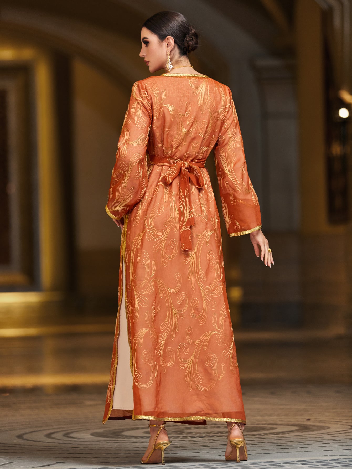 4103 Middle Eastern Style Orange Gold-Trimmed Printed Long Sleeve Belted Two-Piece Maxi Dress - Elegant Contrast Decorated Gown