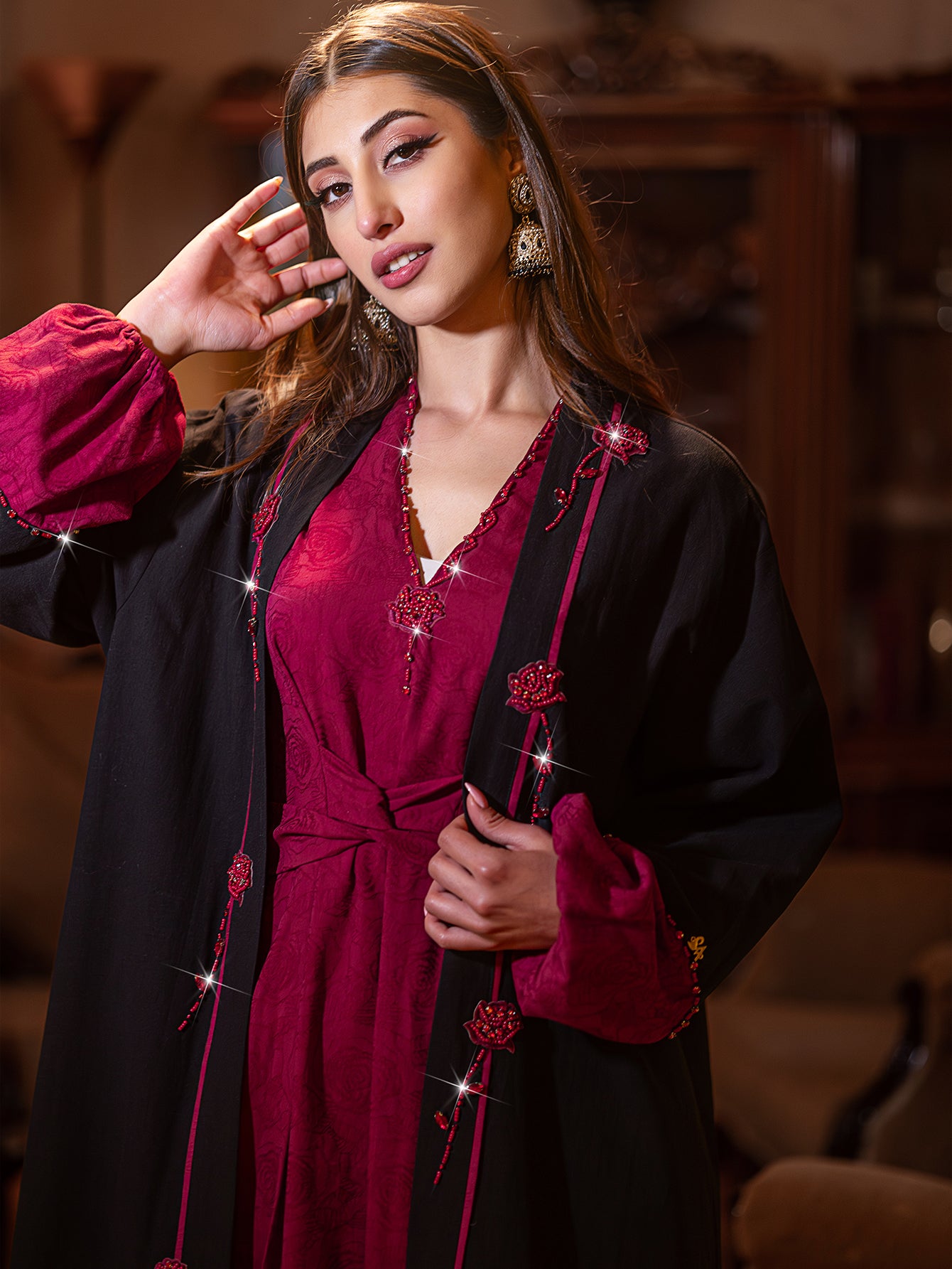 15022 Encounter Rose High-end Hand-sewn Diamond Luxury Texture Two-piece Cardigan Jacket Dress
