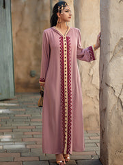 4052 Middle Eastern Style Pink Hooded Embroidered Maxi Dress - Elegant Red Beige Decorated Long Gown