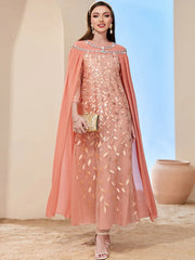 BA2510 orange pink leaf mesh embroidered fashion cape fake two-piece dress dubai lady long dress