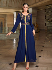 4067 Middle Eastern Style Navy Blue Gold-Trimmed Floral Embroidered Long Sleeve Maxi Dress - Elegant Belted Gown