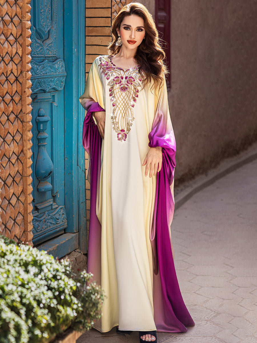 Beige Ombre Gold-Embroidered V-Neck Gown