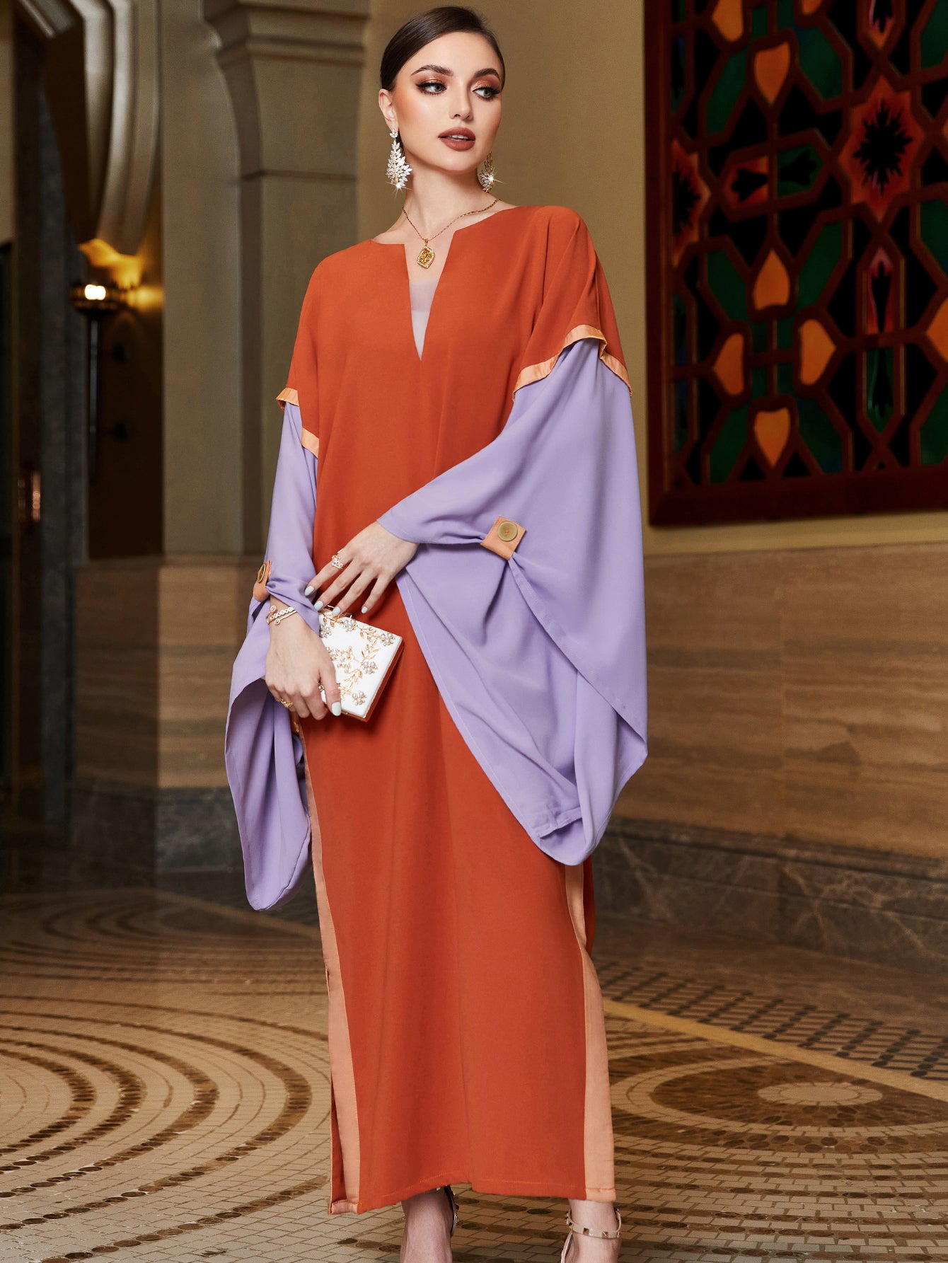 3143 Middle Eastern Style Color-Block Maxi Dress - Orange Purple Cape Sleeve Long Dress