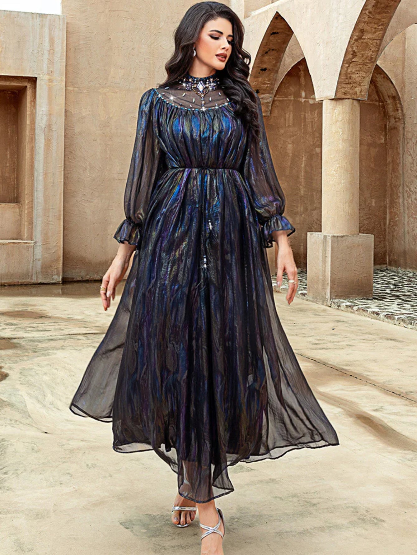 15125 Fashion Symphony smudged semi-turtleneck hand-sewn crystal yarn swing skirt
