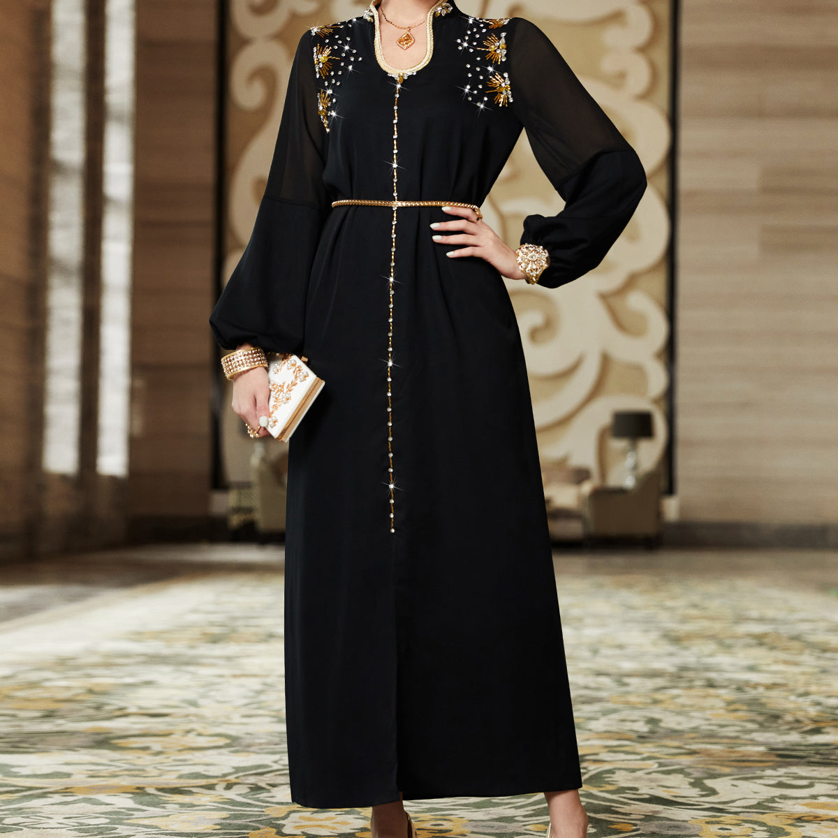3132 Black Middle Eastern Style Embroidered Sequins Lantern Sleeve Maxi Dress - Elegant Gold Decorated Long Dress