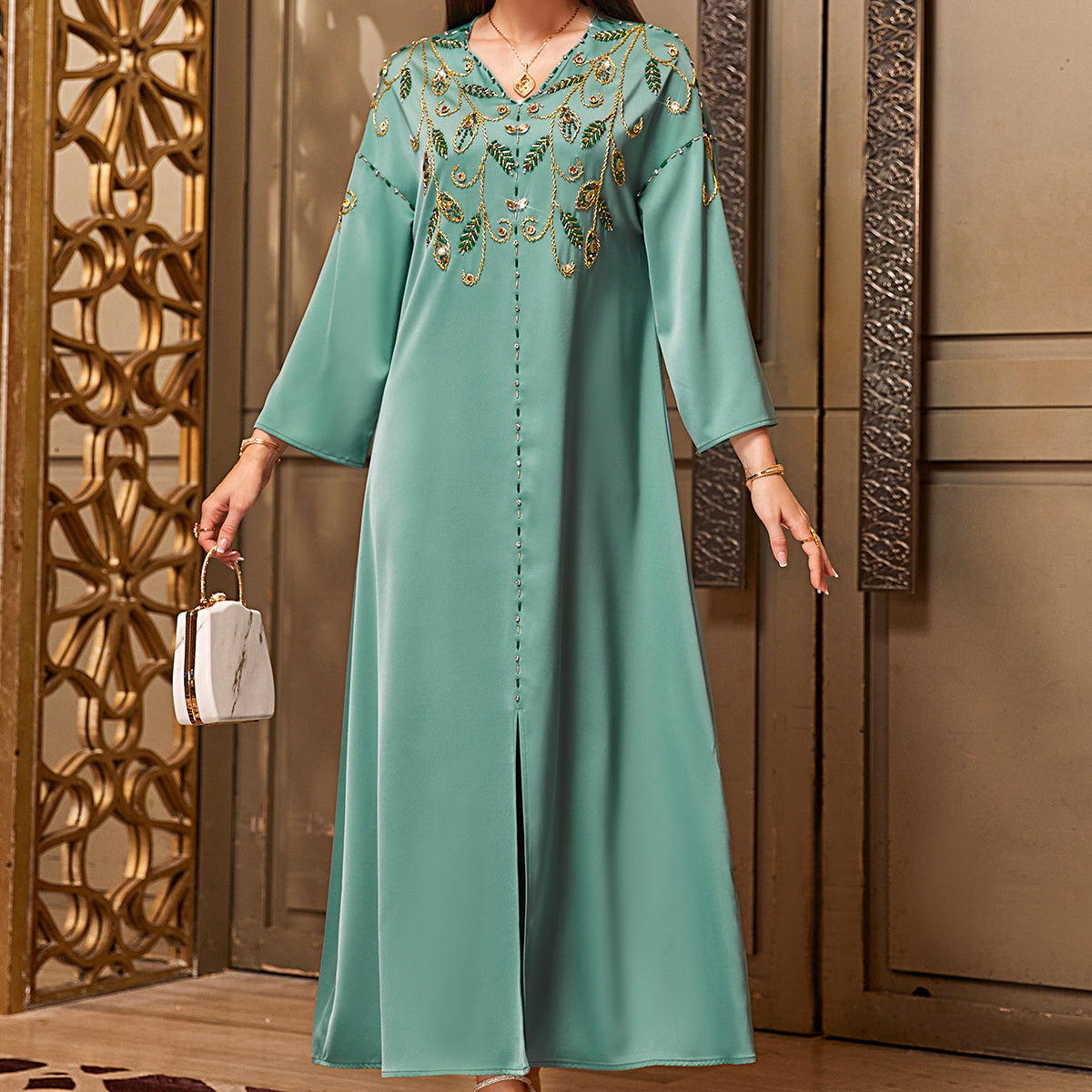 4047 Middle Eastern Style Turquoise Gold Embroidered Sequin 3/4 Sleeves Maxi Dress - Elegant Embellished Long Gown
