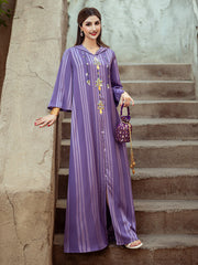 4139 Middle Eastern Style Purple Striped Rhinestone Bead Embellished Bell Sleeves Maxi Dress - Elegant Decorated Abaya Gown