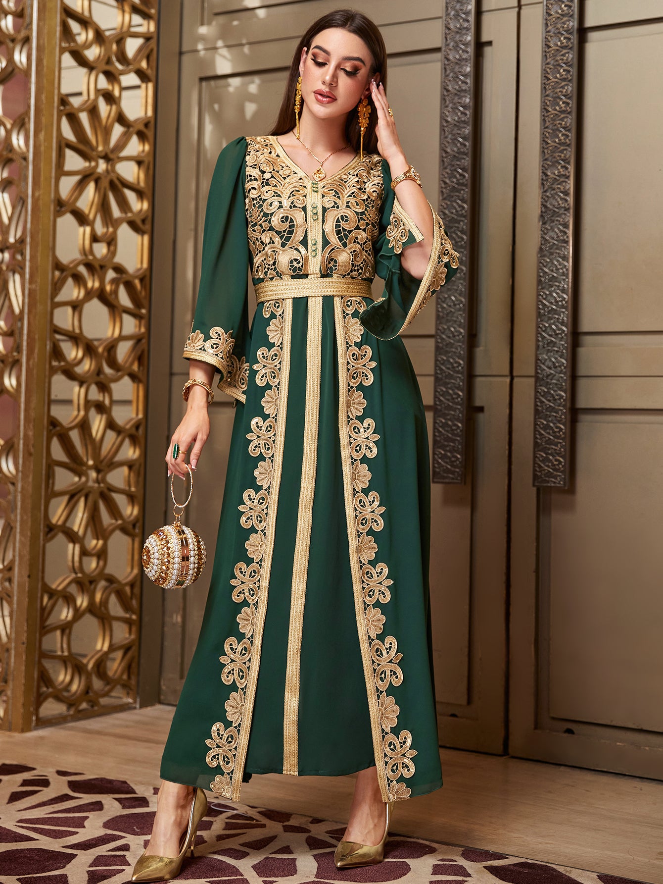 4118 Middle Eastern Style Dark Green Gold Floral Embroidered Bell Sleeves Belted Pseudotwo-Piece Maxi Dress - Elegant Ornate Decorated Gown