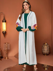 5252Arabic Two-Piece Set | Emerald Inner Dress + White Gold-Embroidered Abaya for Evening Elegance