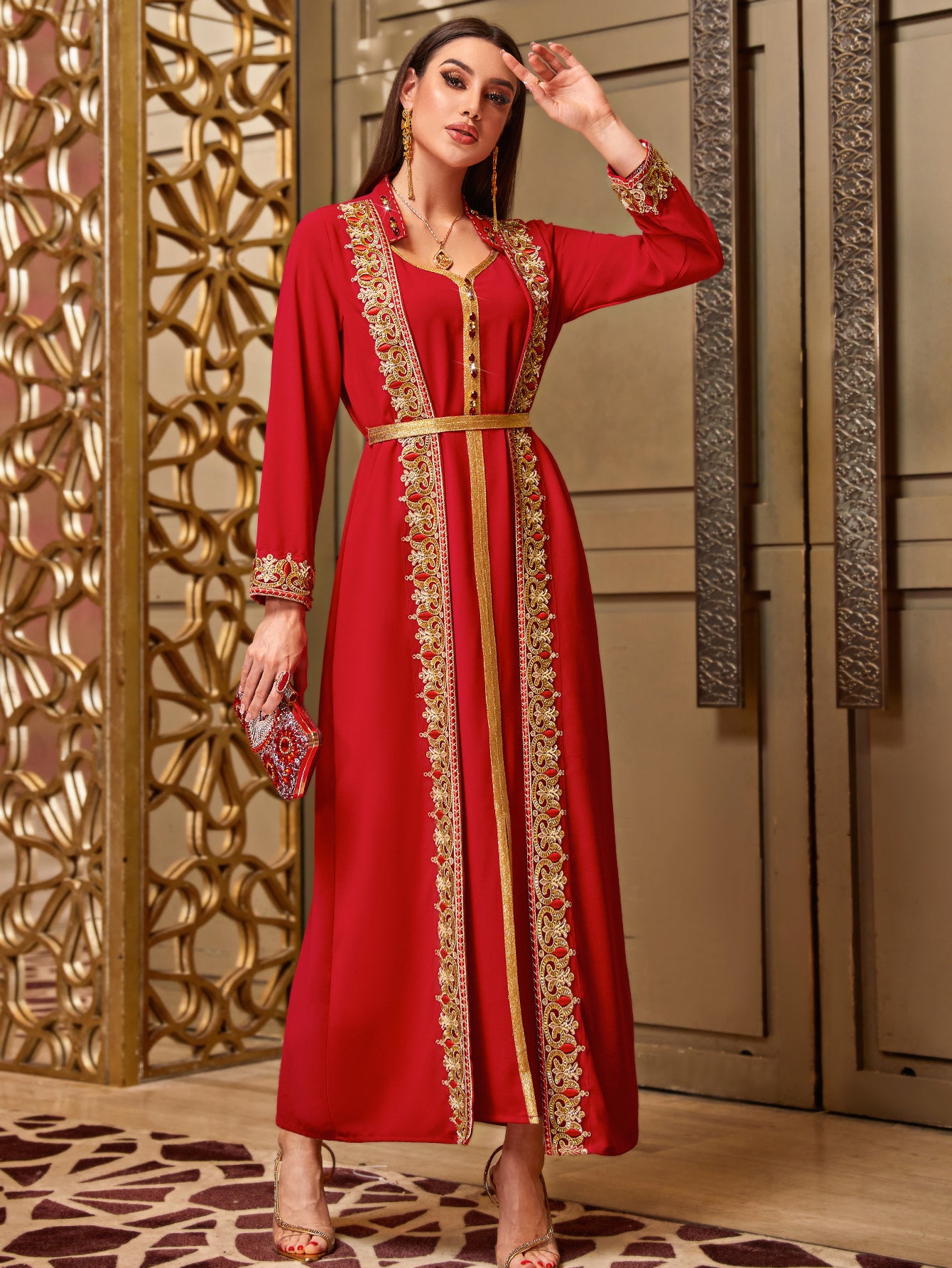 4048 Middle Eastern Style Red Gold Embroidered Pseudotwo-Piece Long Sleeve Belted Maxi Dress - Elegant Ornamental Long Gown