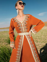 BA9028 new orange heavy industry hand-sewn diamond splicing lace fake two-piece dress Middle East travel dress