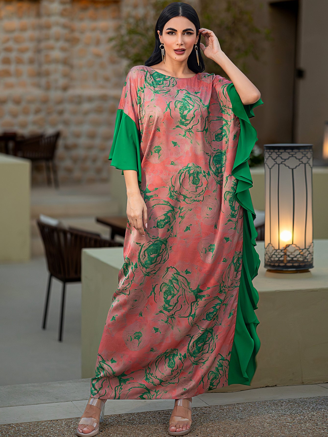 15061 Summer Jacquard Print Vacation Travel Crew Neck Vintage Long Dress Flesh Gown