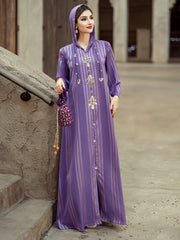 4139 Middle Eastern Style Purple Striped Rhinestone Bead Embellished Bell Sleeves Maxi Dress - Elegant Decorated Abaya Gown