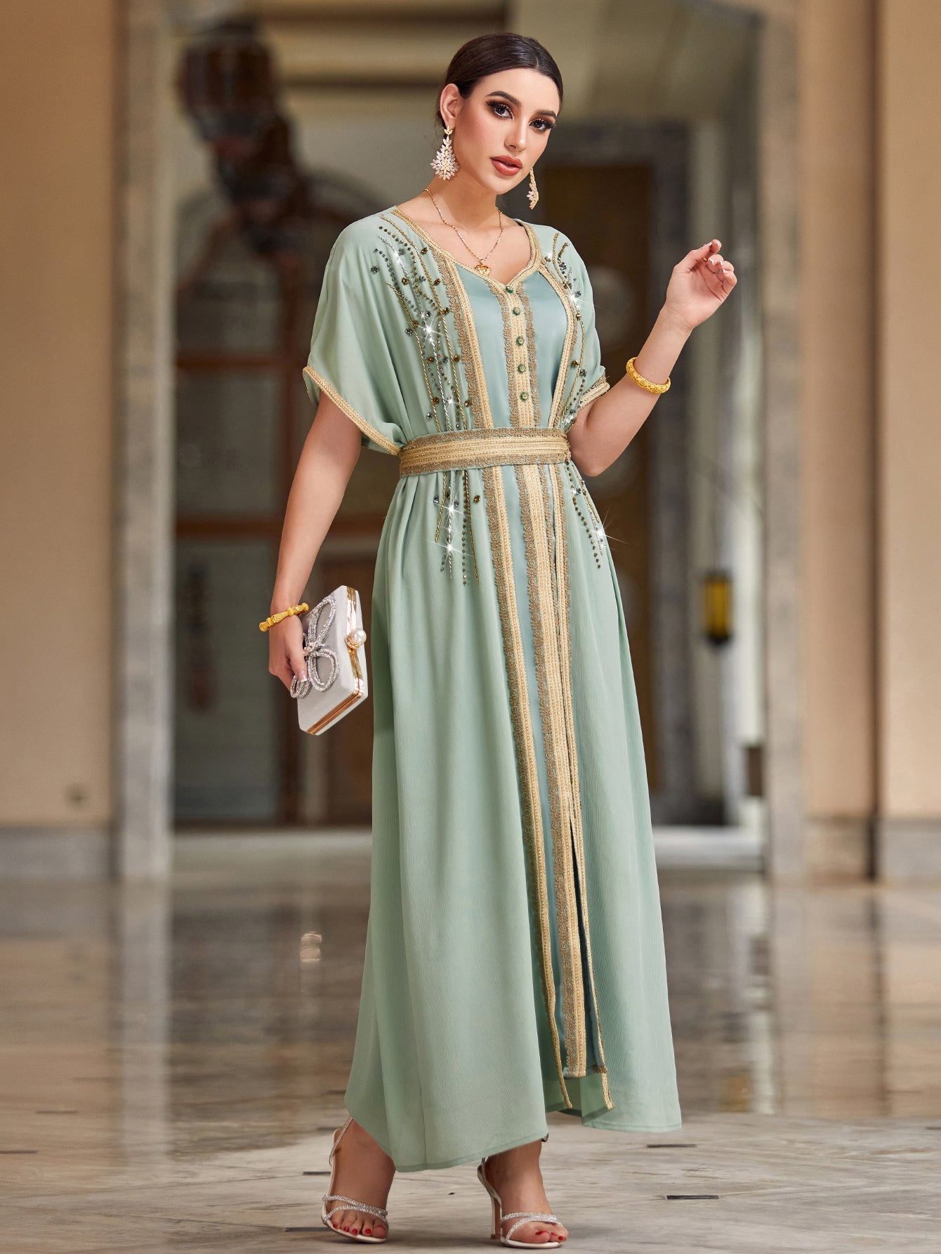 4033 Middle Eastern Style Light Green Gold-Embellished Short Sleeve Maxi Dress - Elegant Belted Slit Pseudotwo-Piece Gown
