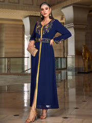 4067 Middle Eastern Style Navy Blue Gold-Trimmed Floral Embroidered Long Sleeve Maxi Dress - Elegant Belted Gown
