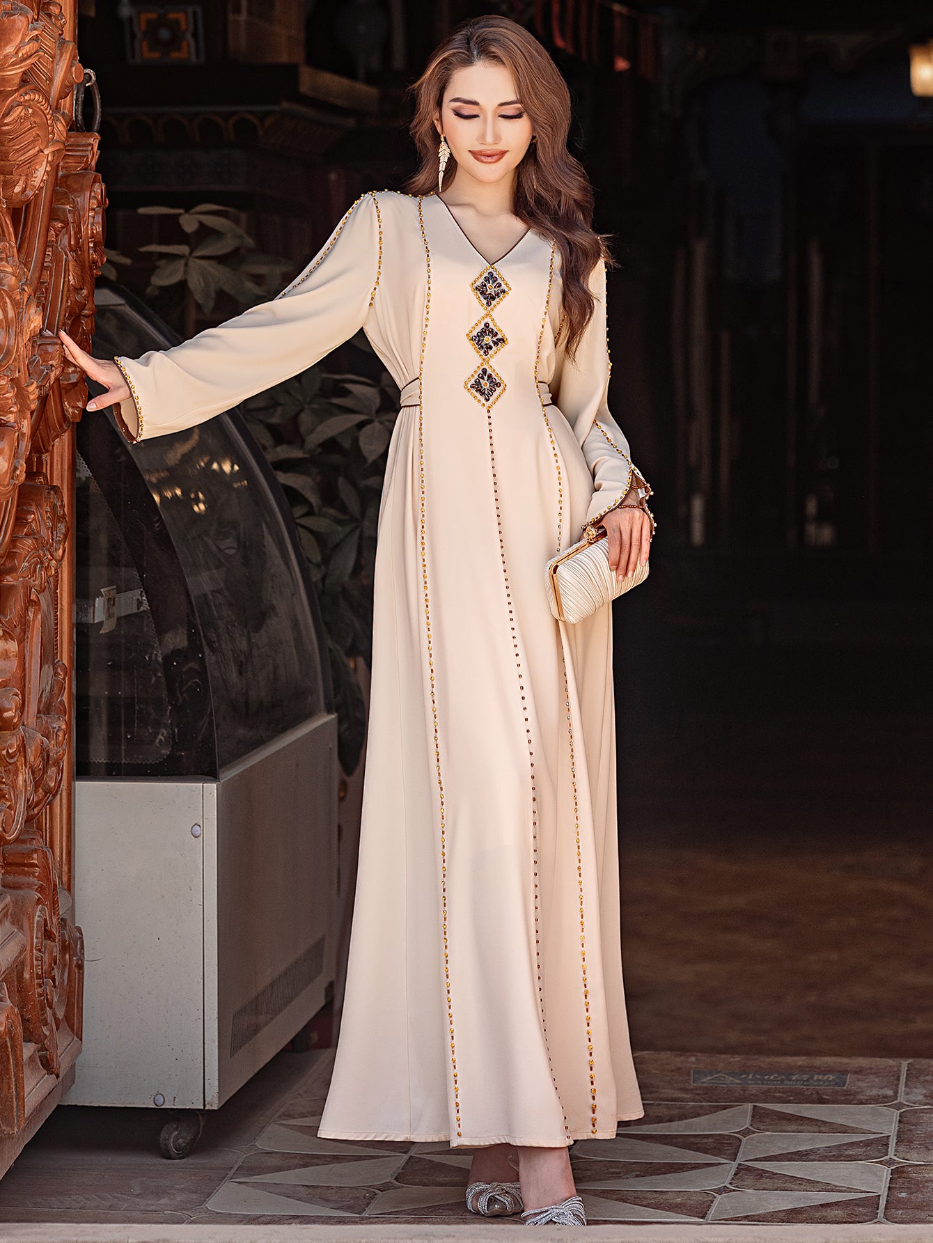 5206Beige Arabic Abaya Dress | V-Neck Gold Beaded Gown with Geometric Embroidery & Bell Sleeves