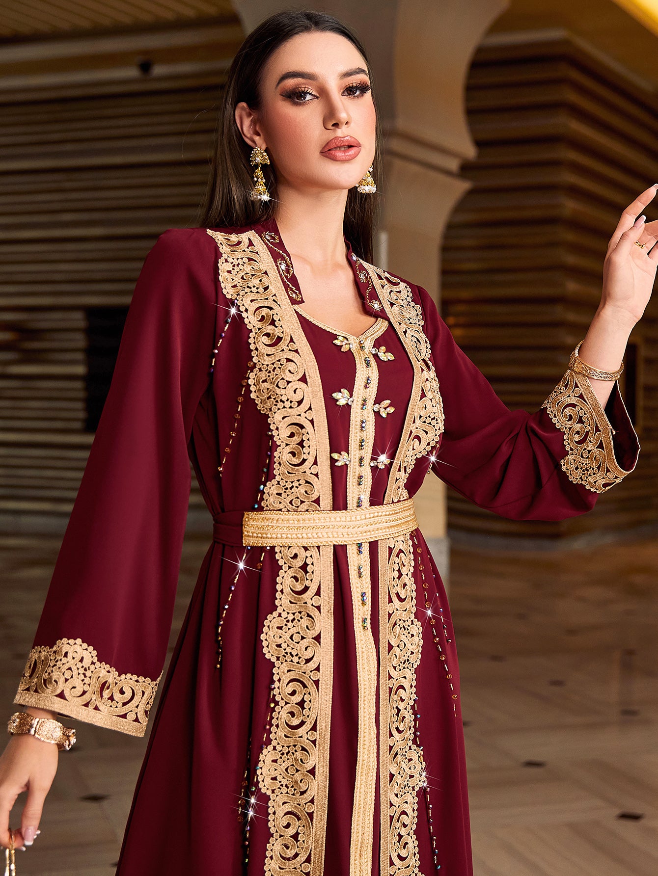 4023 Middle Eastern Style Burgundy Gold Embroidered Long Sleeve Maxi Dress - Elegant Lace-Trimmed Belted Gown