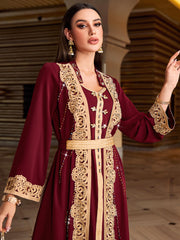 4023 Middle Eastern Style Burgundy Gold Embroidered Long Sleeve Maxi Dress - Elegant Lace-Trimmed Belted Gown