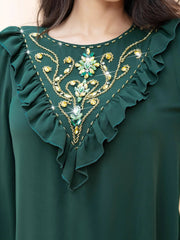 15153 dark green long-sleeved round neck ruffle edge hand-sewn bead large size clothing