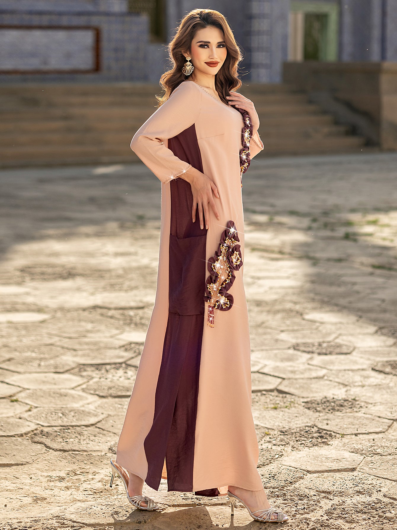 5201Luxury Pink & Burgundy Abaya Dress | Arabic Floral Embroidery with Gold Beads, Fringe & Pearl Cuffs