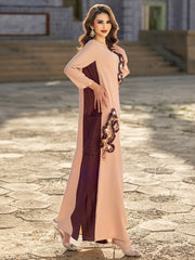 5201Luxury Pink & Burgundy Abaya Dress | Arabic Floral Embroidery with Gold Beads, Fringe & Pearl Cuffs