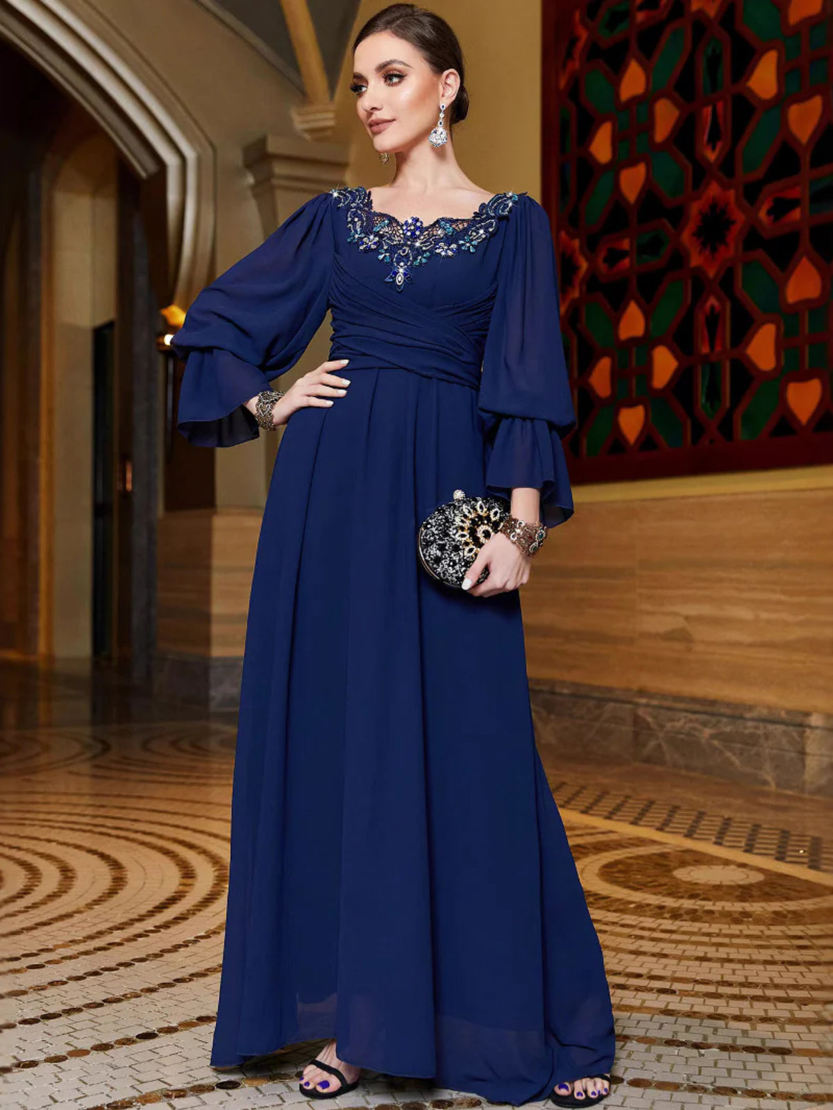 Navy Blue Lace-Collar Rhinestone Evening Dress