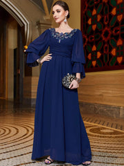 BA3122 navy blue chiffon splicing lace collar evening dress Middle East cross-border hand-sewn diamond elegant long dress
