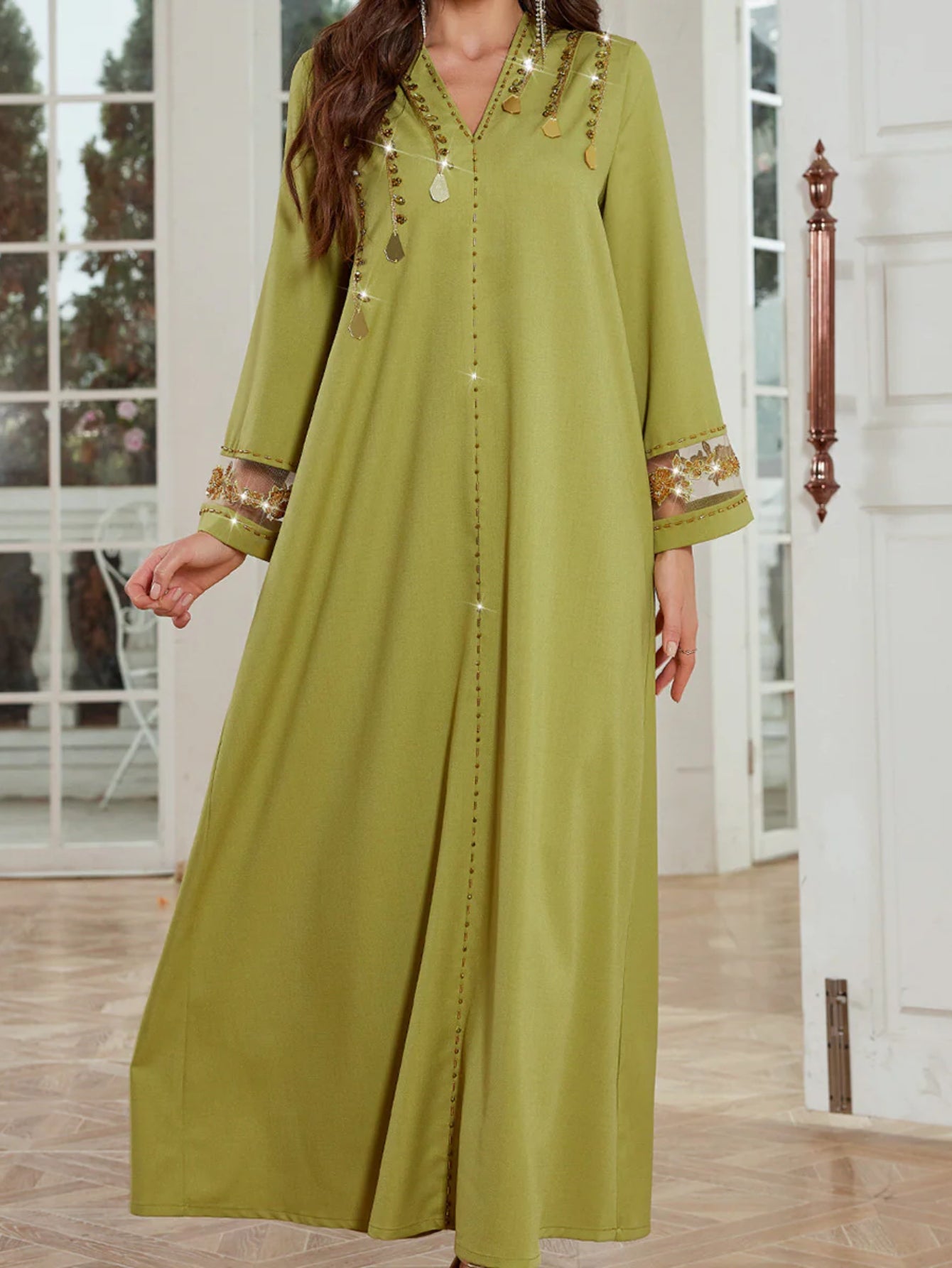 BA4153 Qiuxiang green linen lace rust bead hand-sewn diamond dress Middle East