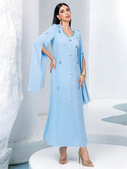 15133 new light blue super long-sleeved hand-sewn glass rhinestone dress Middle East women's clothing spot