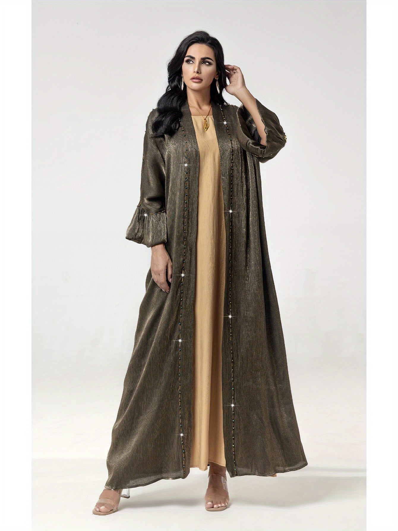 5099 metallic luster fabric abaya robe, bright rhinestone decoration, luxurious eye-catching, a must for parties