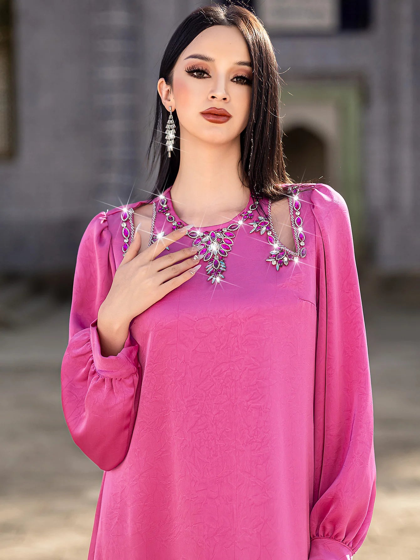 15203 four-season hand-sewn diamond new fashionable loose solid color lantern sleeve dress