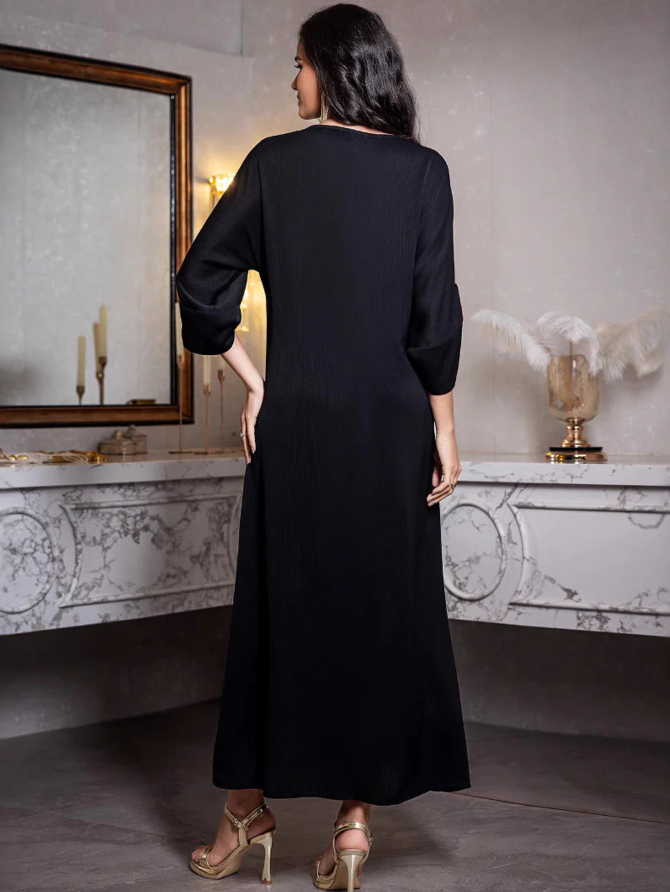 15176 new contrasting color medium-sleeved robe hand-sewn diamond elegant dress