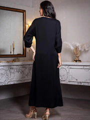 15176 new contrasting color medium-sleeved robe hand-sewn diamond elegant dress