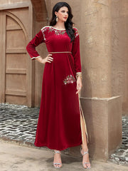 15164 burgundy velvet hand-sewn rhinestones and gold webbing dress long dress toasting dress