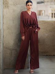 2-Piece set BA5085 reddish-brown embossed satin set cross-lace elegant atmosphere 2-piece set