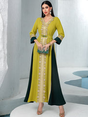 40091Two-Tone Arabic Abaya | Gold Embroidery Dress with Emerald Accents & Slimming Silhouette