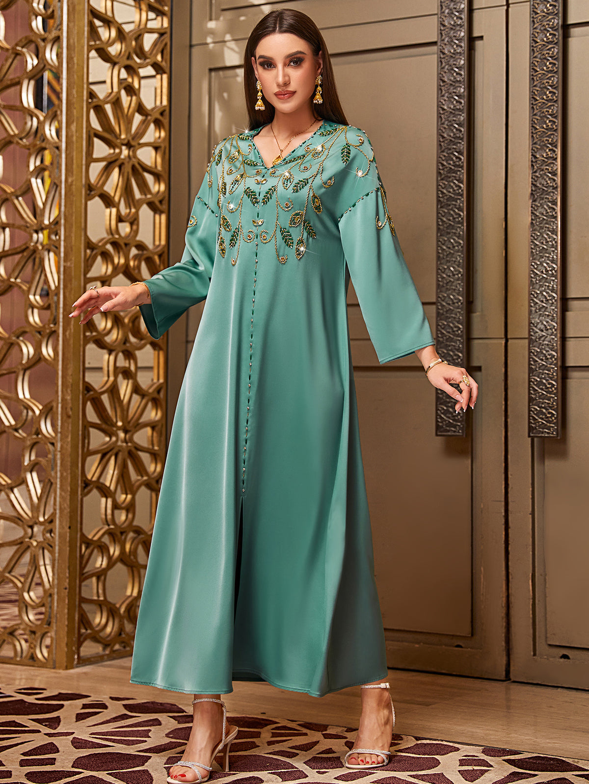 4047 Middle Eastern Style Turquoise Gold Embroidered Sequin 3/4 Sleeves Maxi Dress - Elegant Embellished Long Gown