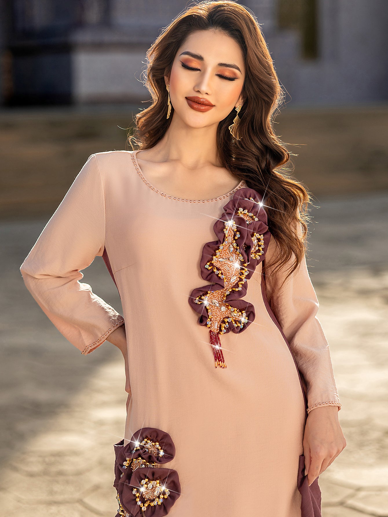 5201Luxury Pink & Burgundy Abaya Dress | Arabic Floral Embroidery with Gold Beads, Fringe & Pearl Cuffs