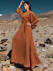 15215 new V-neck long-sleeved pleated skirt heavy industry handmade beaded elegant long dress dress women's dress